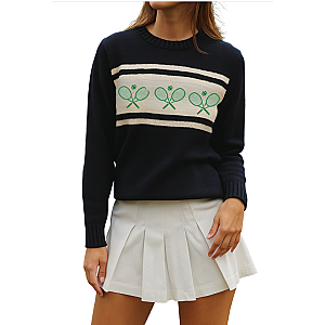 Women's Embroidered Navy Tennis Sweater with Green Trim | Runway Athletics