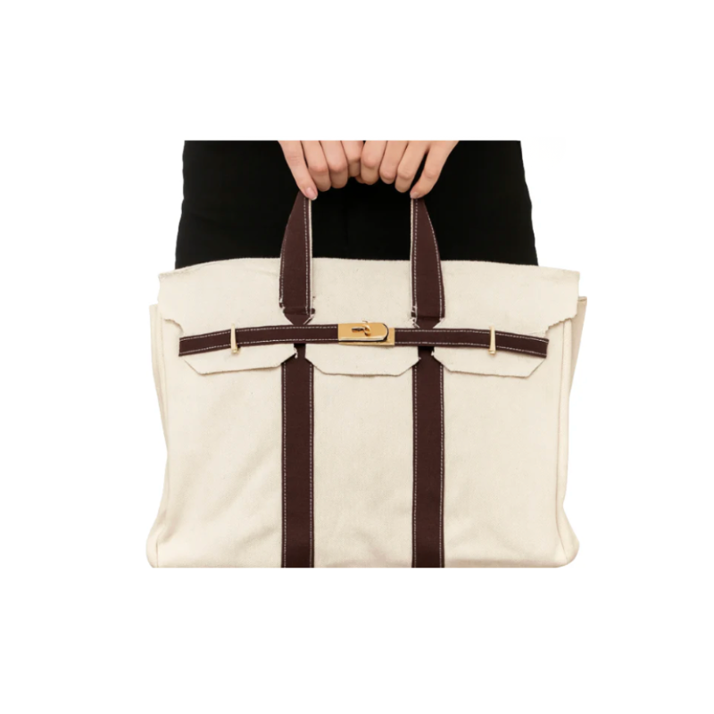 Canvas Boatkin Tote Bag with Brown Trim & Gold Hardware | Large Designer-Inspired Canvas Tote