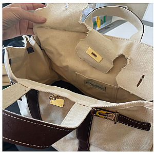 Canvas Boatkin Tote Bag with Brown Trim & Gold Hardware | Large Designer-Inspired Canvas Tote