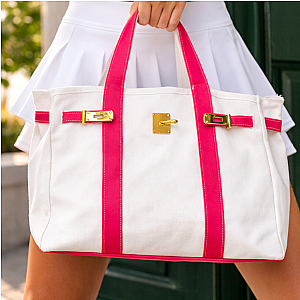 Canvas Boatkin Tote Bag with Red Trim & Gold Hardware | Large Designer-Inspired Canvas Tote