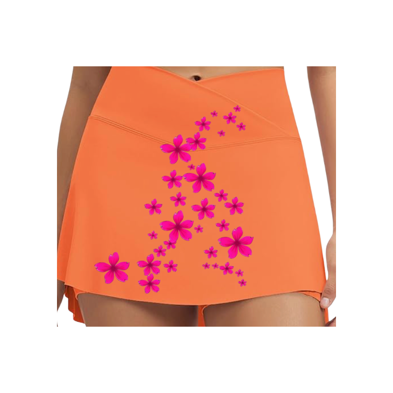 Women's Luxury Tennis Skirt | Orange & Pink Skirt Crossover Waist with Built-In Shorts & Flowers  | Runway Athletics