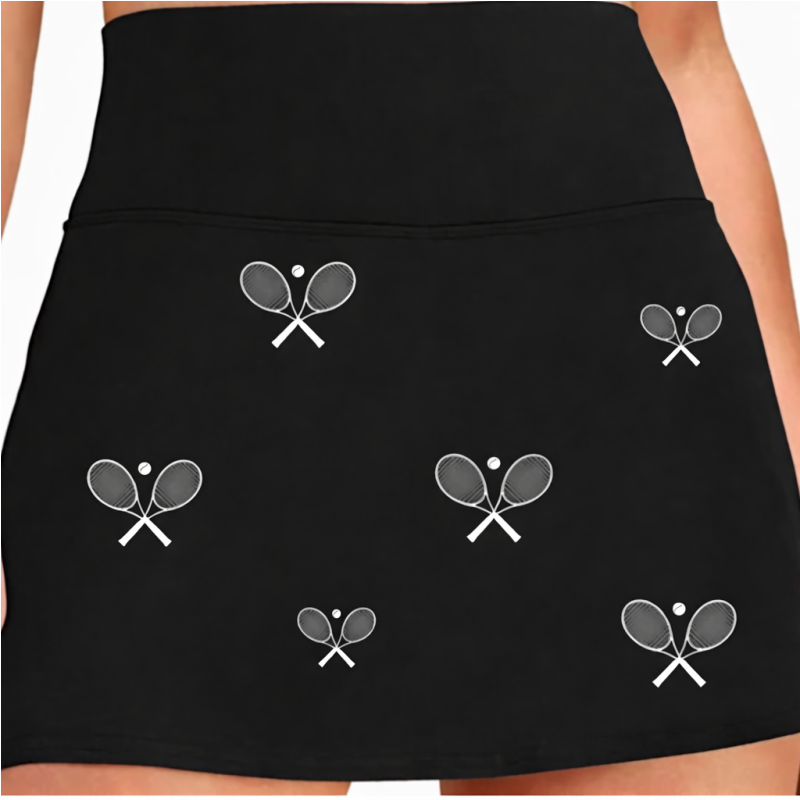 All Over Racquets High Waisted Tennis Skirt With Pockets Black White Racquet Print On Court Comfort