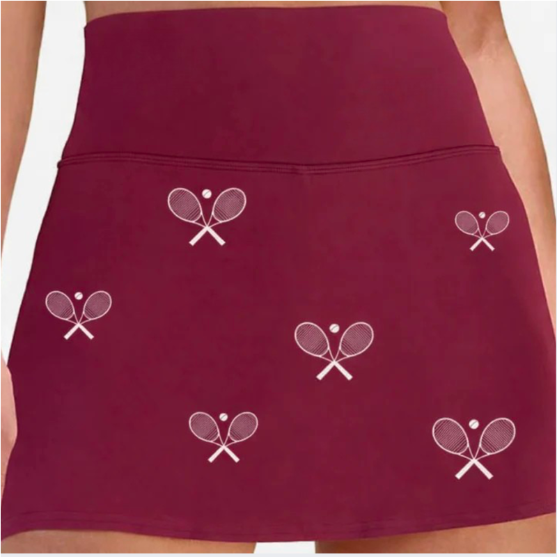 All Over Racquets Wine And White High Waisted Tennis Skirt With Pockets And Racquet Print