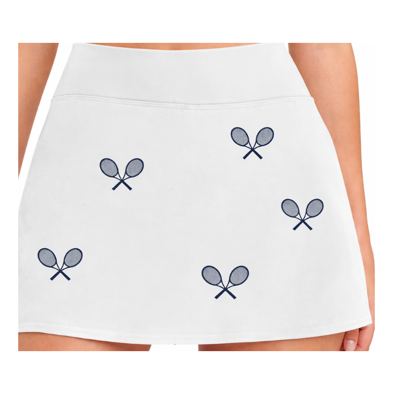 All Over Racquets High Waisted Tennis Skirt With Pockets White Navy Racquet Print For On Court Performance Comfort