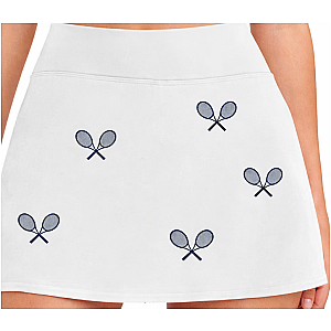 All Over Racquets High Waisted Tennis Skirt With Pockets White Navy Racquet Print For On Court Performance Comfort