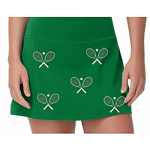 All Over Racquets High Waisted Tennis Skirt With Pockets  - Green & White Racquet Print