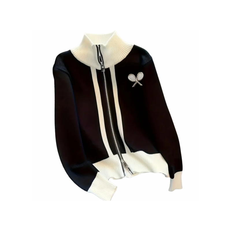 Zip Up Tennis Cardigan - Black/Off White