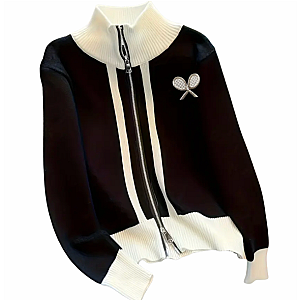 Zip Up Tennis Cardigan - Black/Off White
