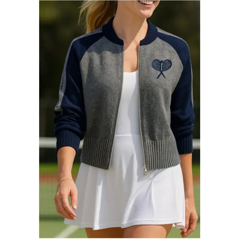 Zip Up Tennis Sweater Bomber Jacket - Navy and Grey
