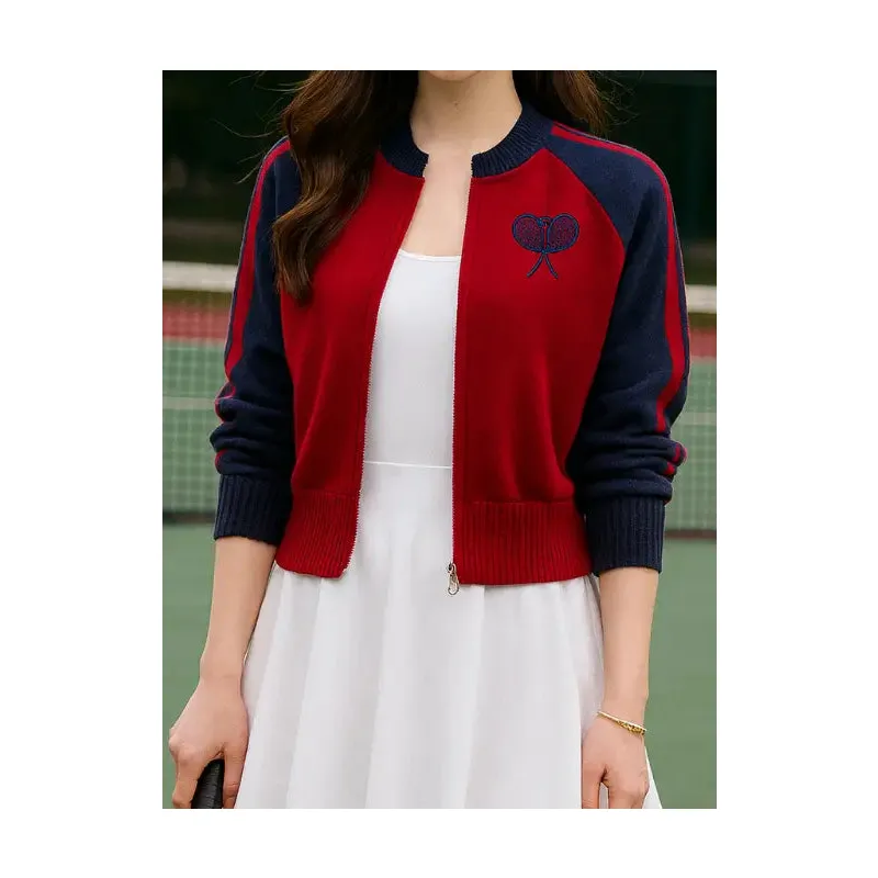 Zip Up Tennis Sweater Bomber Jacket - Navy and Red