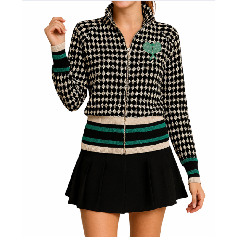 Prepster Print Zip Up Tennis Cardigan-Black