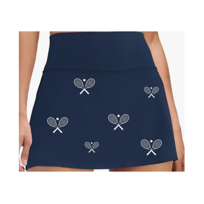 All Over Racquets High Waisted Tennis Skirt With Pockets Navy White Racquet Print