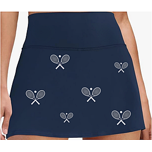 All Over Racquets High Waisted Tennis Skirt With Pockets Navy White Racquet Print