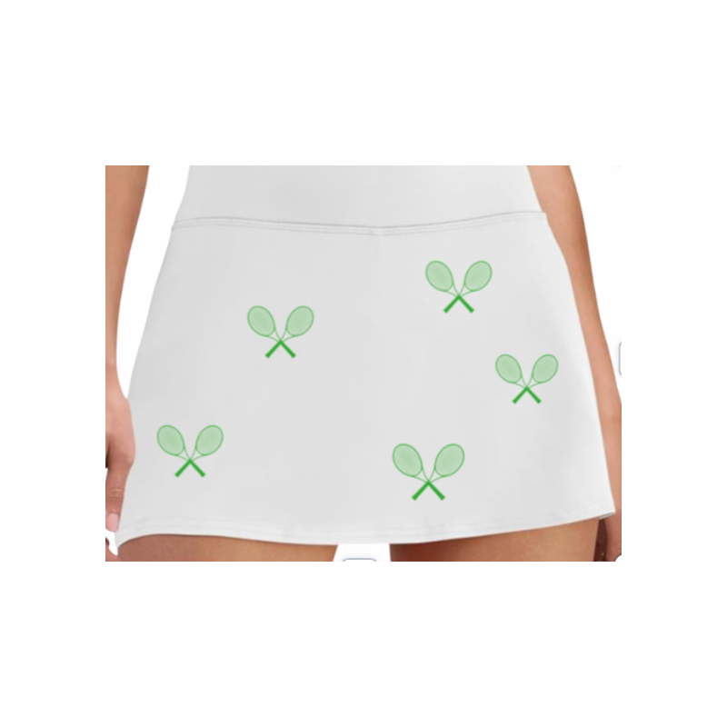 All Over Racquets Tennis Skirt High Waisted With Moisture Wicking Under Shorts Pockets White Green