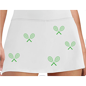 All Over Racquets Tennis Skirt High Waisted With Moisture Wicking Under Shorts Pockets White Green