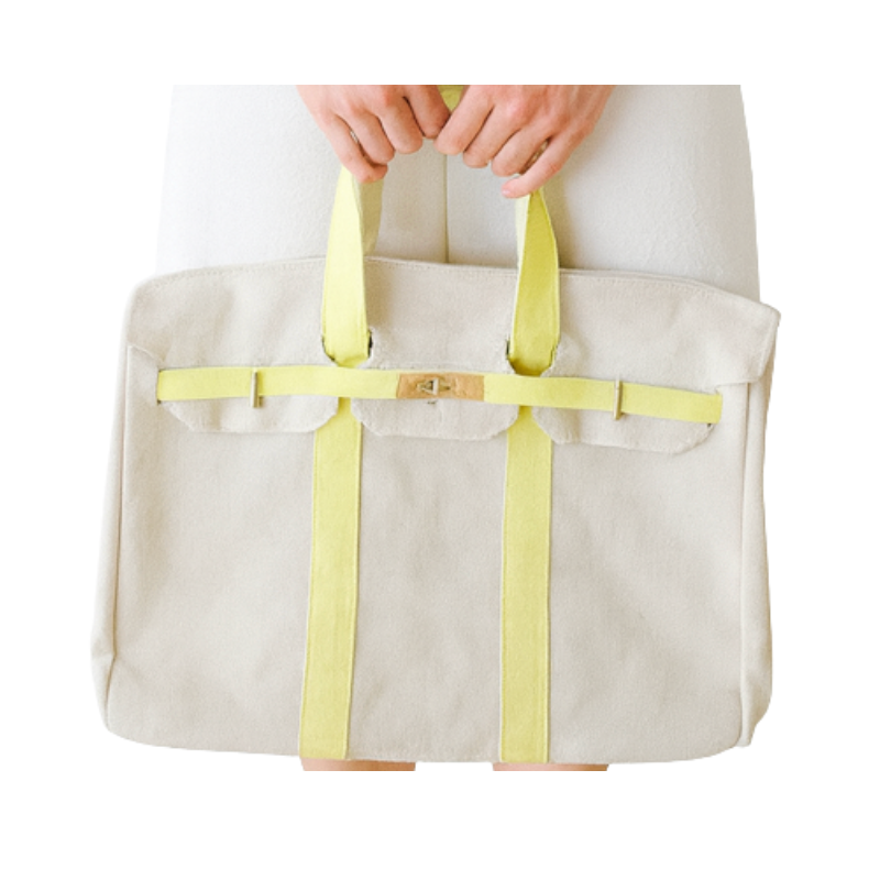 Canvas Natural Boatkin with Yellow Trim & Gold Hardware | Large Designer-Inspired Canvas Tote