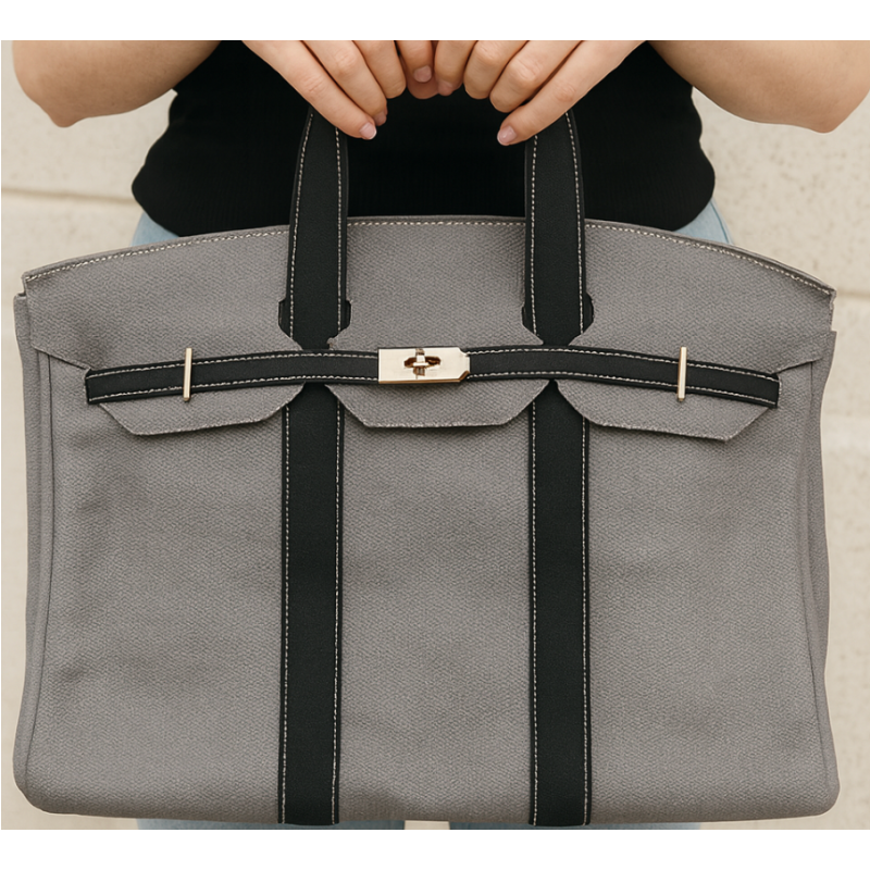 Canvas Boatkin Grey & Black Trim Tote with Gold Hardware | Large Designer-Inspired Canvas Tote
