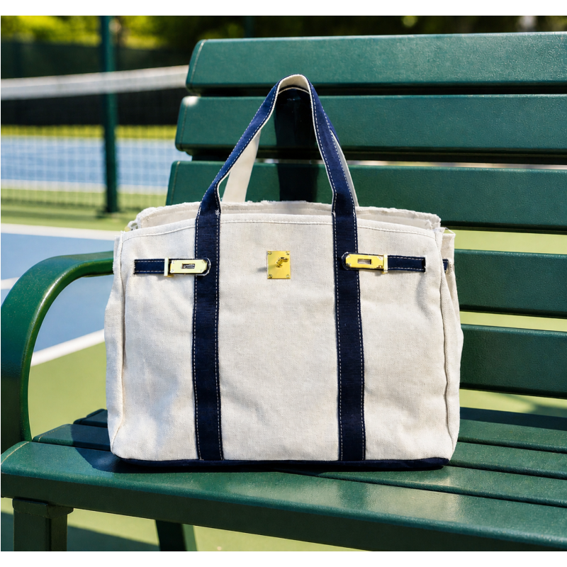 Canvas Boatkin Tote Bag with Navy Trim & Gold Hardware | Large Designer-Inspired Canvas Tote