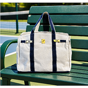 Canvas Boatkin Tote Bag with Navy Trim & Gold Hardware | Large Designer-Inspired Canvas Tote