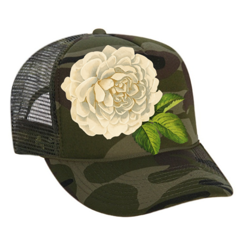 Runway Flower Power Camo Trucker Hat - White Flower