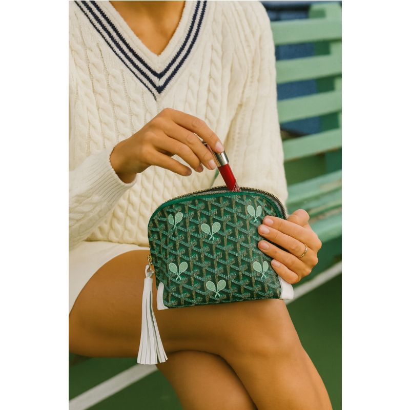 Women's Tennis Makeup Bag | Green Tennis Racquet Print Cosmetic Pouch