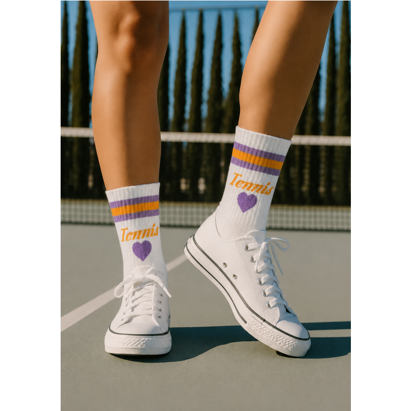 Women's Tennis Heart Crew Socks | Cotton Athletic Socks  | Lilac, Orange & Silver | Runway Athletics