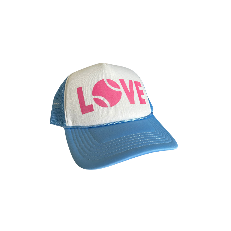 LOVE Tennis Baby Blue/White Ponytail Trucker Hat - Pink Love