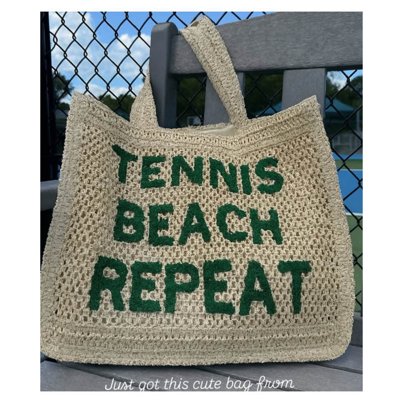 Crocheted Straw Tote Bag - "Tennis, Beach, Repeat"