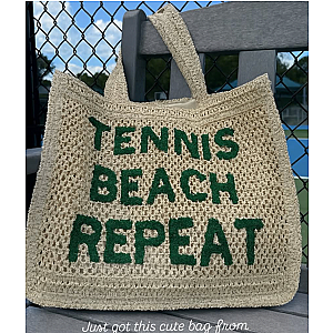 Crocheted Straw Tote Bag - "Tennis, Beach, Repeat"