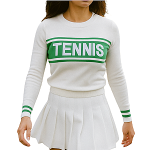 Women's Lightweight White Tennis Sweater with Green Trim | Runway Athletics