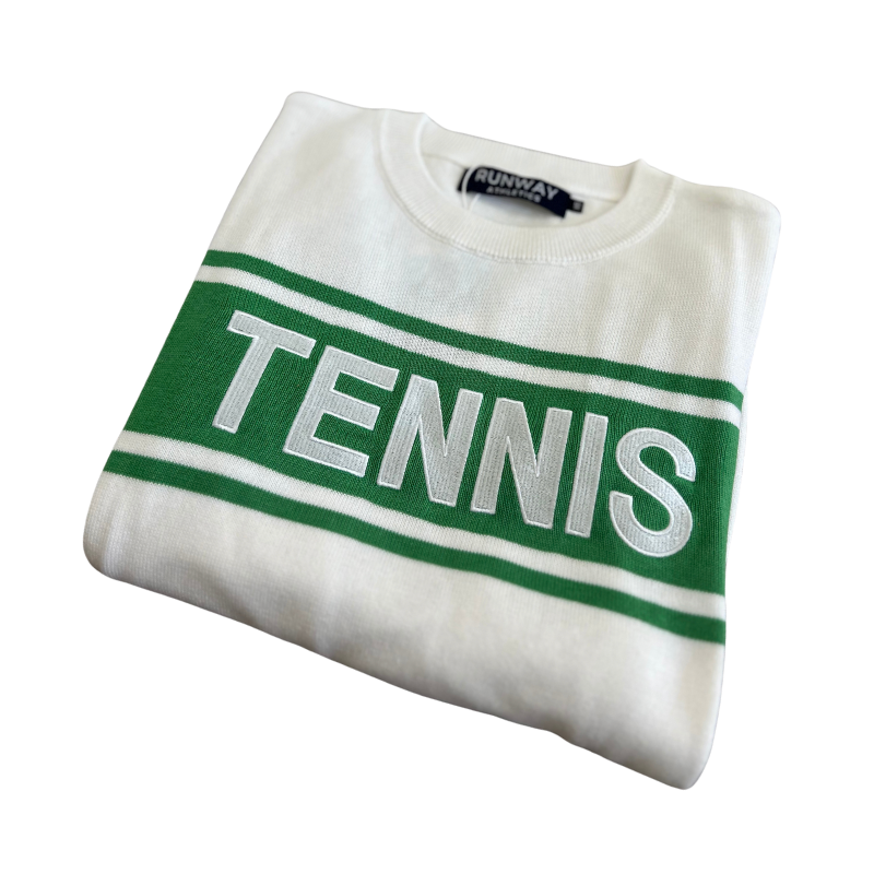 Women's Lightweight White Tennis Sweater with Green Trim | Runway Athletics