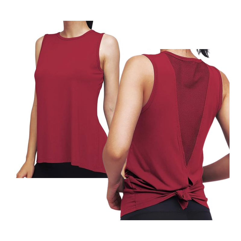 High Neck Mesh Panel Back Tank - Wine