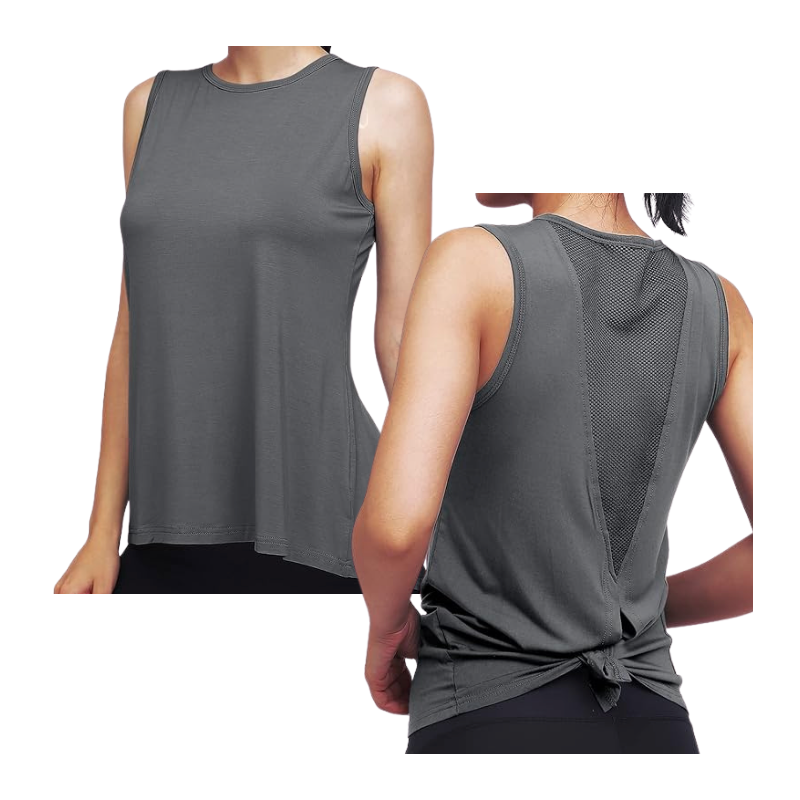 High Neck Mesh Panel Back Tank - Grey