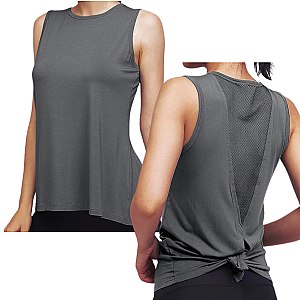 High Neck Mesh Panel Back Tank - Grey