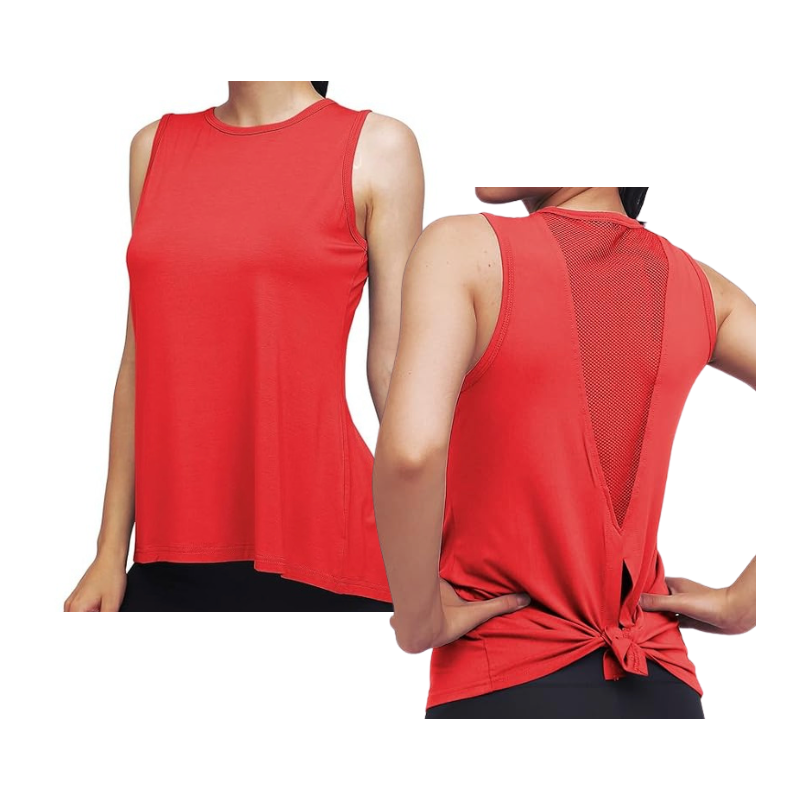 High Neck Mesh Panel Back Tank - Red