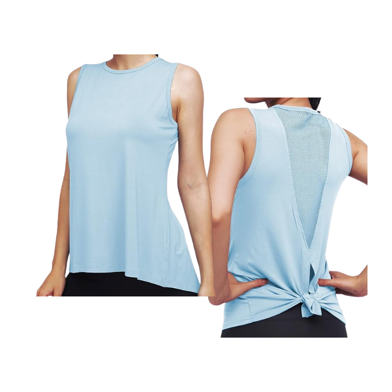 High Neck Mesh Panel Back Tank - Lite Blue