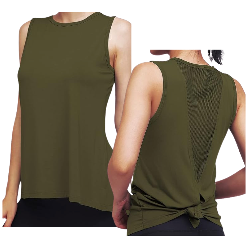 High Neck Mesh Panel Back Tank - Army Green