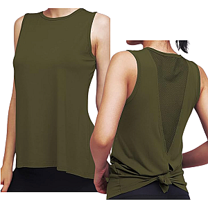 High Neck Mesh Panel Back Tank - Army Green