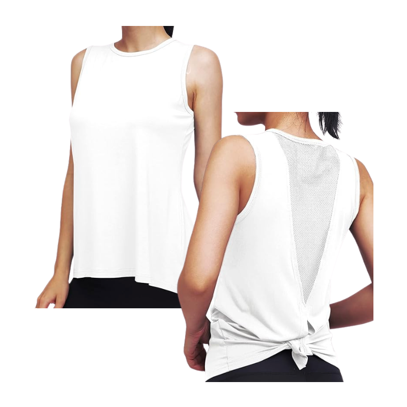 High Neck Mesh Panel Back Tank - White