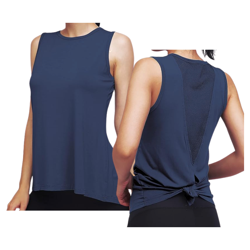 High Neck Mesh Panel Back Tank - Navy Blue