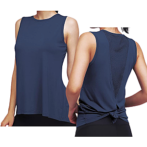 High Neck Mesh Panel Back Tank - Navy Blue