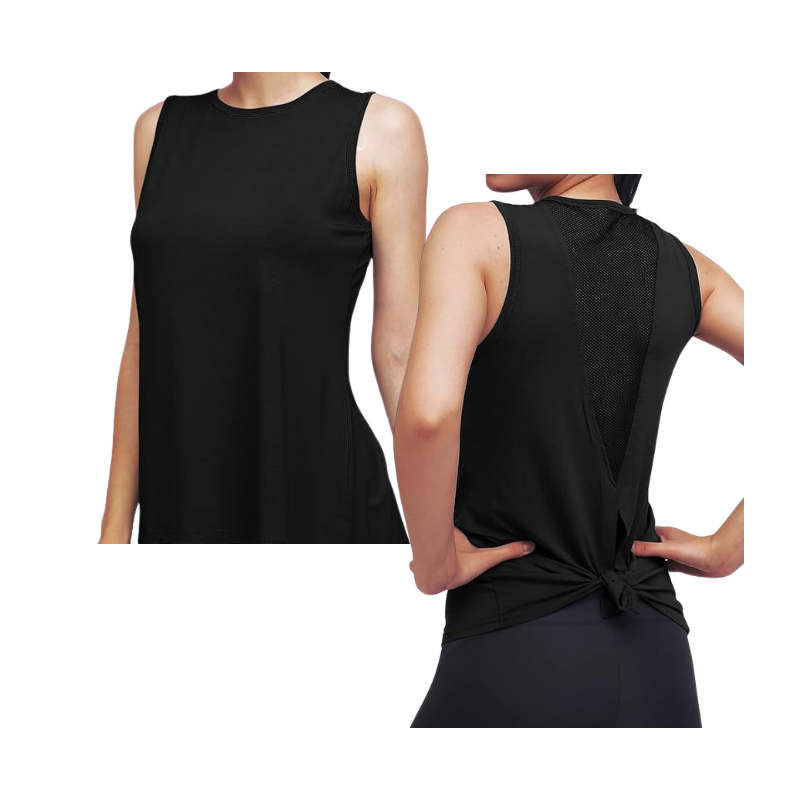 High Neck Mesh Panel Back Tank - Black