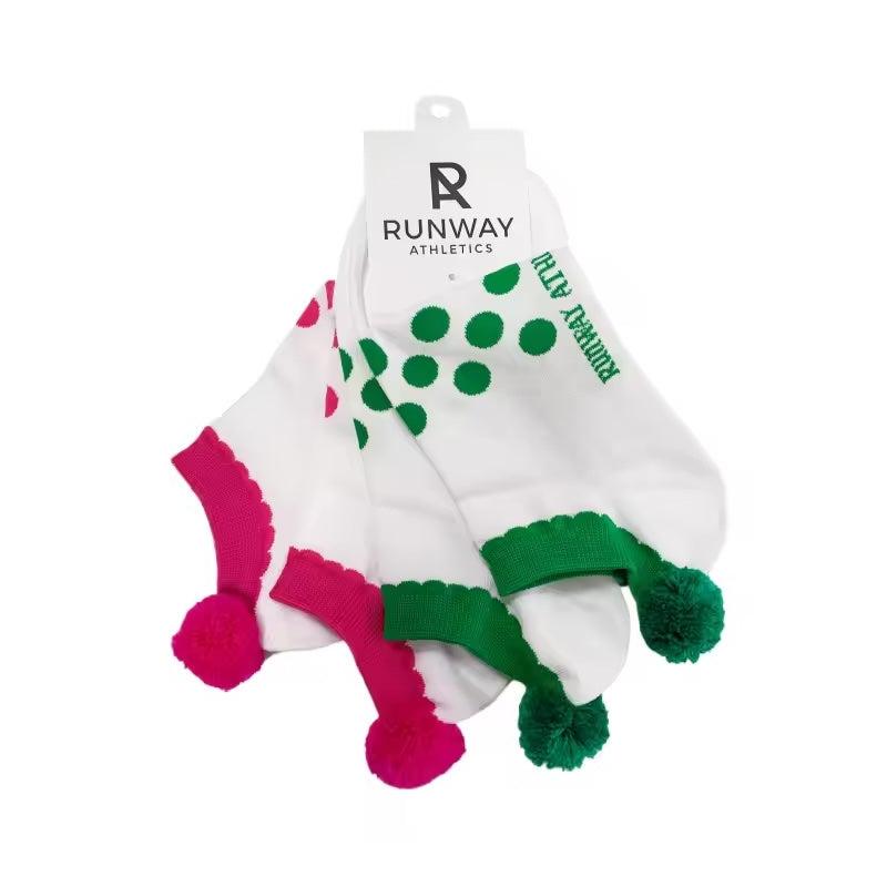 Pom Pom Tennis Sock Set | Cotton Athletic Crew Socks - Pink & Green