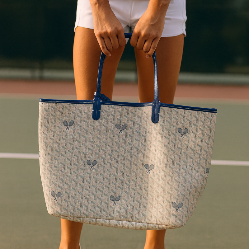 Tennis Tote Bag – Cream& Navy Whimsy Large Hemp Canvas Tote - Runway Athletics