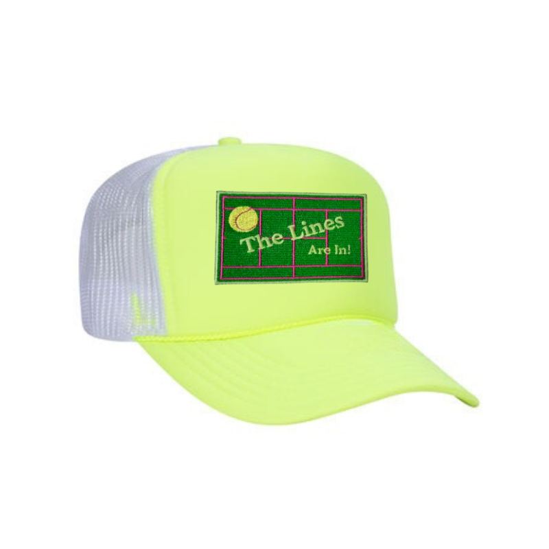 Tennis Trucker Hat - "The Lines Are In" Bright Yellow/White