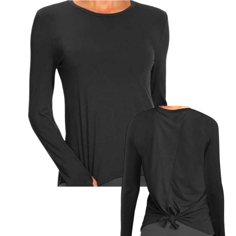 Classic High Neck Mesh Panel Back Long Sleeve - Black