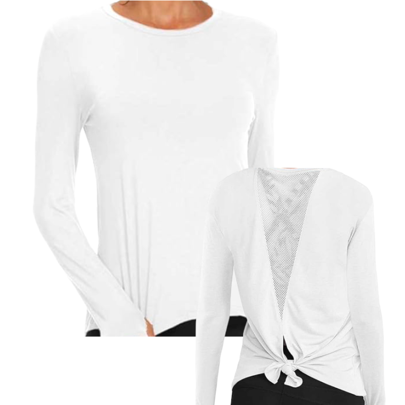 Classic High Neck Mesh Panel Back Long Sleeve - White