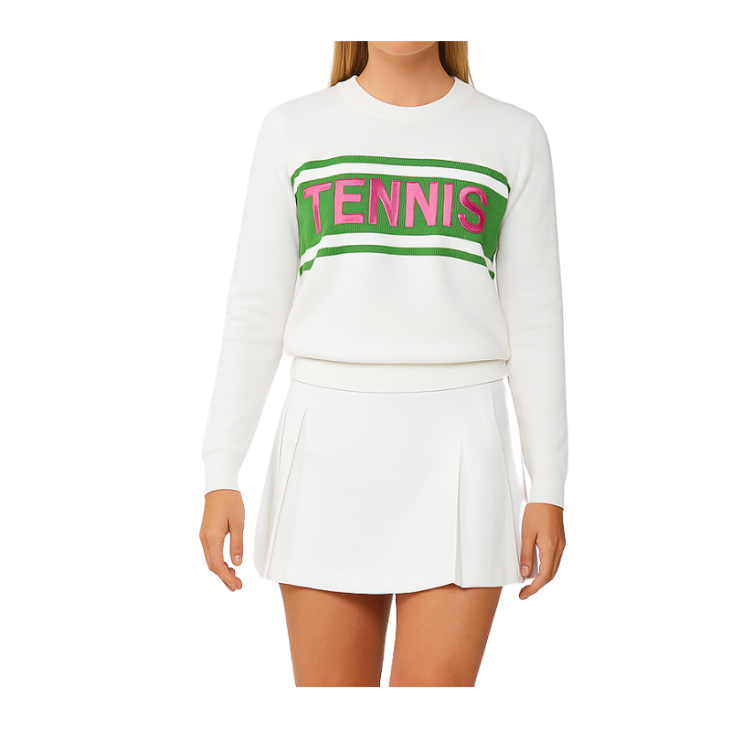 Women's Lightweight White Tennis Sweater with Pink & Green Trim | Runway Athletics