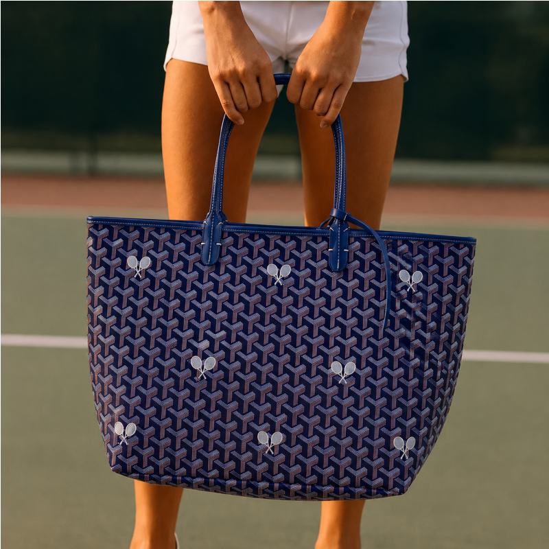 Tennis Tote Bag – Navy Whimsy Large Hemp Canvas Tote - Runway Athletics