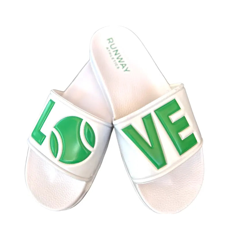 Women's Tennis Slides | After-Play Recovery Slides | Runway Athletics | White with Green